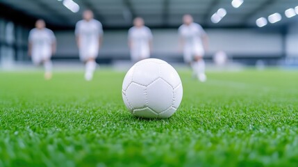 Fototapeta premium White soccer ball on a green field, blurred players in the background