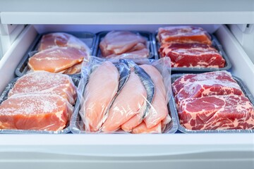 Various frozen meat cuts including chicken, beef, pork, and fish packed in trays inside a freezer drawer, on white background. Concept of food preservation. Ai generative