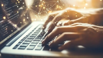 Coding on laptop, network overlay. Hands typing on a laptop keyboard.  Abstract network connections seen above the laptop