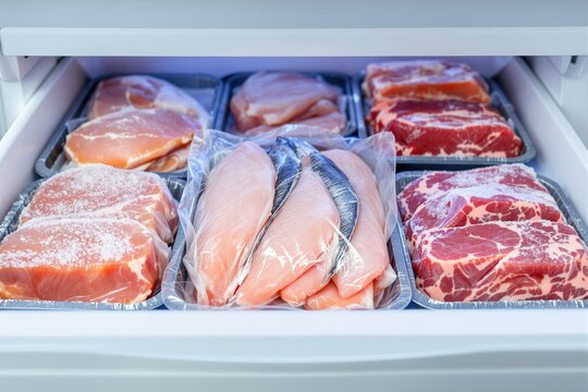 Various frozen meat cuts including chicken, beef, pork, and fish packed in trays inside a freezer drawer, on white background. Concept of food preservation. Ai generative