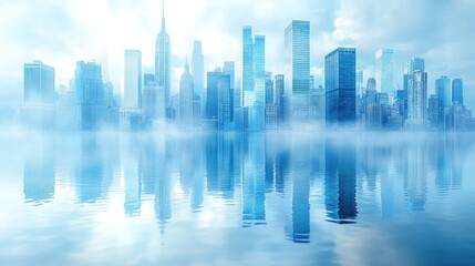 Misty Metropolis: A City Skyline Reflected in Calm Waters
