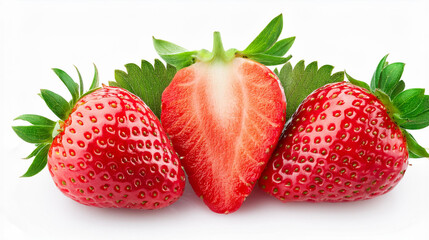 Fresh Whole and Sliced Strawberries on White Background.