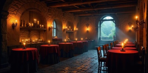 Candlelit tavern, medieval bard's haunting melody, rustic, instrument