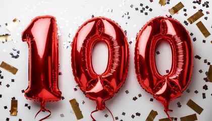 Red balloon number 100 for hundredth birthday or anniversary party. White background with confetti