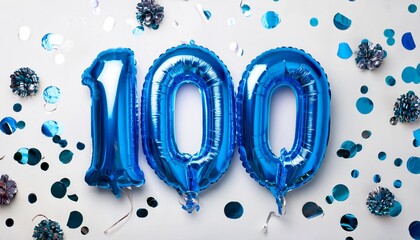 Blue balloon number 100 for hundredth birthday or anniversary party. White background with confetti