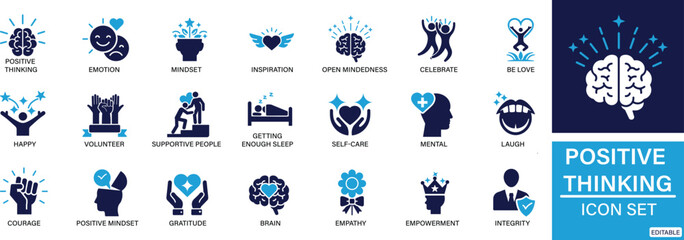positive thinking icon set featuring motivation, optimism, mindset, positivity, success, motivation, confidence, mindfulness, focus, self, growth, and mental wellness symbols.