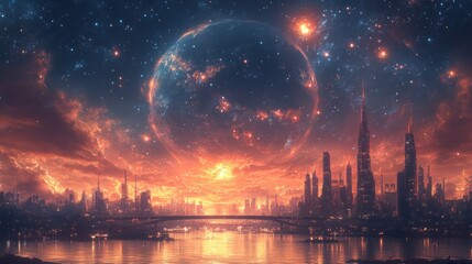 Futuristic Cityscape Underneath a Celestial Phenomenon
