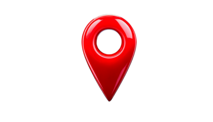 Glossy red location pin marker on a transparent background.