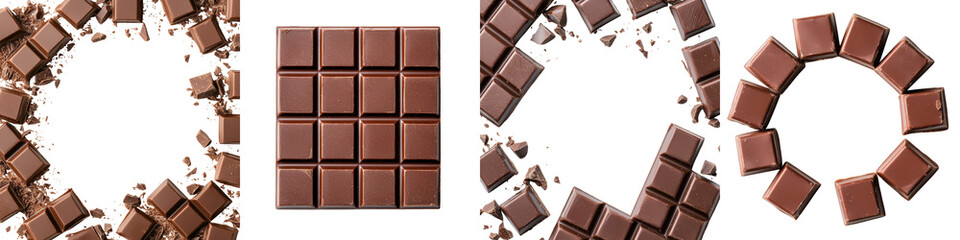 Shattered chocolate bar pieces scattered on a white background creating a delectable and indulgent visual composition