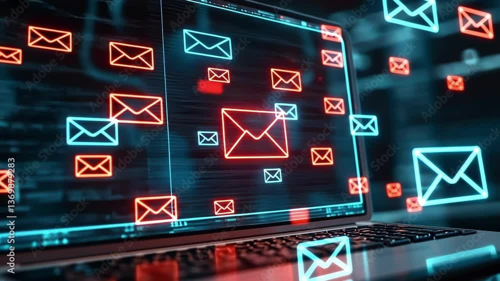Poster email icons floating on laptop screen with source code in background, representing cyber security br