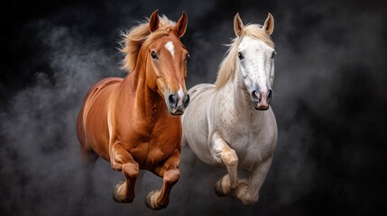 Obraz premium Horses Performing Acrobatic Moves in a Dramatic Scene with Dust and Motion Effects