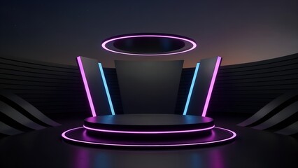 A modern stage design featuring neon lights in pink and blue, perfect for a futuristic event.
