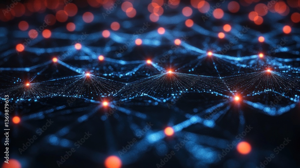 Poster abstract network visualization: interconnected nodes and glowing connections