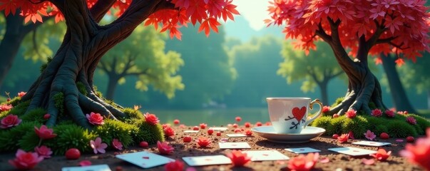 Twisted trees, oversized teacups, playing cards scattered, digital, tea party, surreal