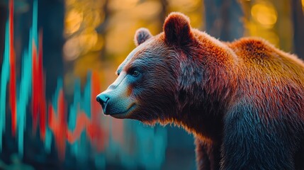 Vibrant multicolored market charts intertwined with bear downtrend imagery, focus on diversified investments, whimsical, fusion, backdrop of international landmarks