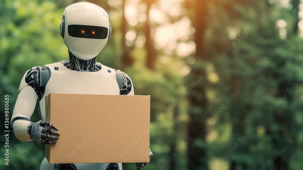 Poster futuristic robot in nature holding box demonstrating ai and automation in marketing strategies