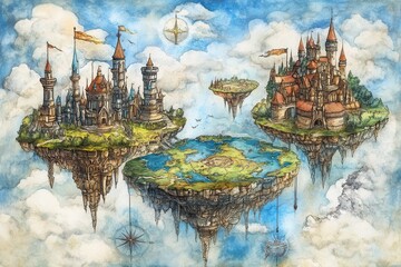 Floating Castles in Watercolor Fantasy Skyland.