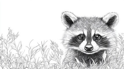 Obraz premium Detailed Line Art of Raccoon Face Surrounded by Grass and Plants