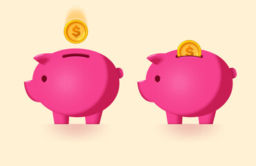 Piggy bank cute pig in pink color with falling gold coin. Concept of saving money, investing, investments. Vector 3d illustration.
