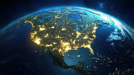 North America at night, illuminated cities