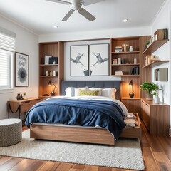 Modern Cozy Bedroom with Wooden Elements Generative AI