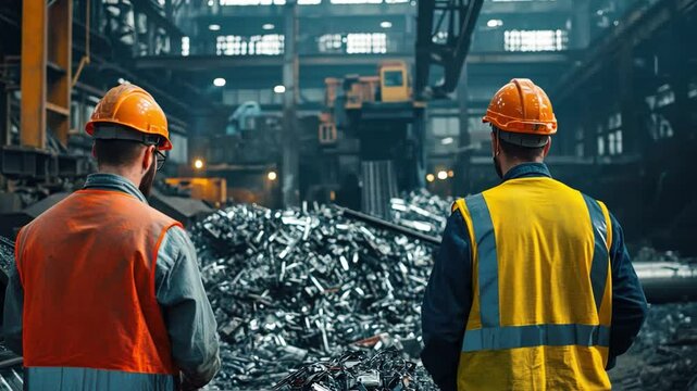Workers operating machinery in an industrial recycling plant, showcasing the reprocessing of metal and glass materials, with safety equipment and reflective clothing.