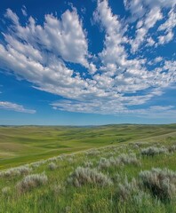 Obraz premium Lush green hills under a bright blue sky