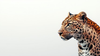 Obraz premium Majestic Leopard Profile Against Soft Neutral Background Capturing Grace, Beauty, and the Wild Essence of Nature's Most Iconic Big Cat