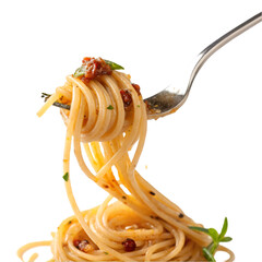 A close-up of spaghetti twirled elegantly on a fork, ready to be enjoyed. white background