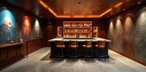 Open-plan basement bar, polished concrete, custom cabinetry, decor, concrete, furniture