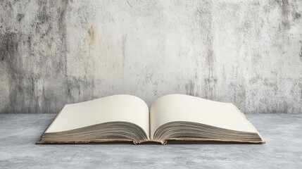 Open book on a table, blank pages against a textured wall