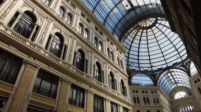 Architecture and historic landmarks in Italy, gimbal footage of beautiful Galleria Umberto I shopping mall in Napoli
