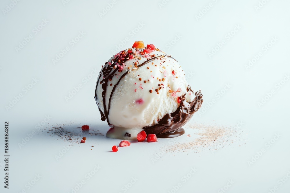 Poster Delicious scoop of ice cream topped with chocolate sauce and colorful sprinkles in a minimalist setting