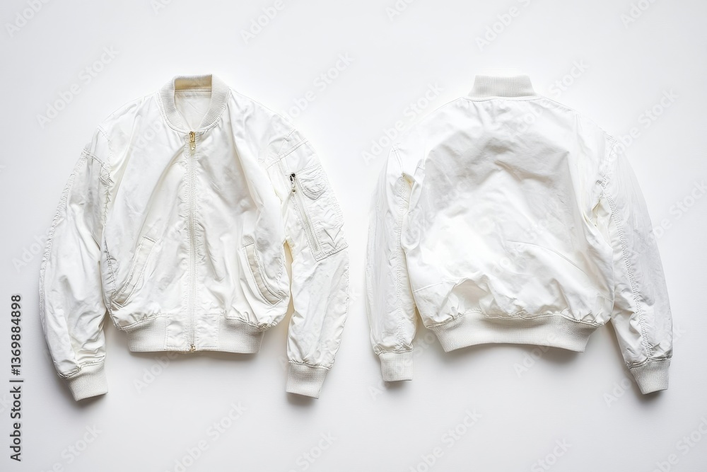 Poster stylish white bomber jacket displayed from multiple angles on a clean white background in a minimali