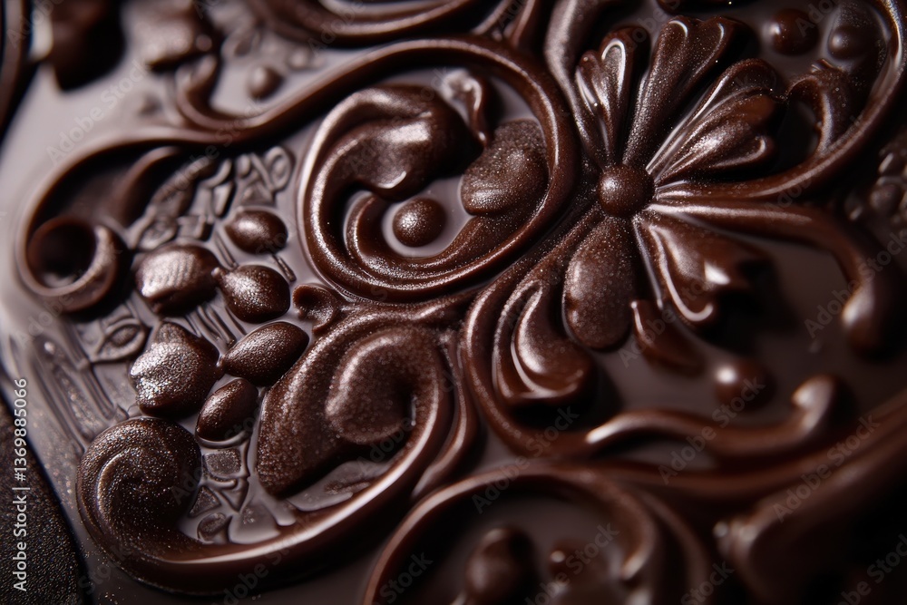 Poster intricately textured dark chocolate with floral designs captured in close-up view