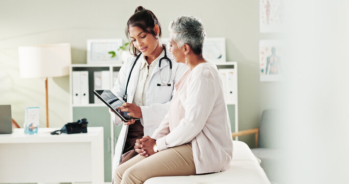 Doctor, checkup and elderly patient on tablet in office of research, online results and diagnosis advice. People, digital and healthcare report, insurance checklist and treatment schedule and medical