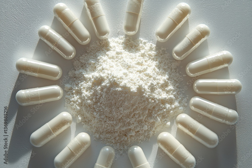 Poster white capsules arranged in a circular pattern around a pile of powder on a plain surface during dayl