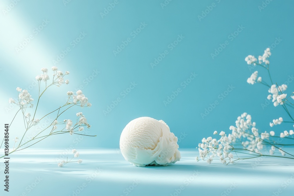 Poster white ice cream scoop surrounded by delicate flowers on a light blue background in a minimalistic se