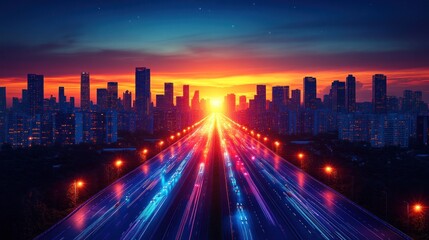 Fototapeta premium Vibrant Cityscape at Sunset: Highway Leading to a Glowing Metropolis