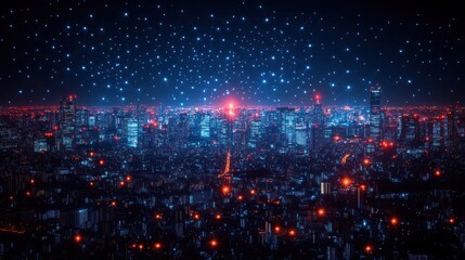 Obraz premium Night Cityscape under a Starry Sky: A Digital Metropolis