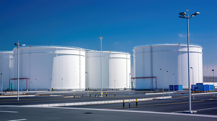 Crude Oil Industry, White Storage Fuel Gas Container Tanks in Petroleum Refinery Industrial Factory area