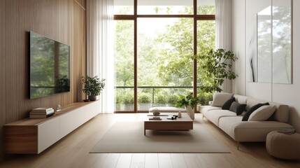 Fototapeta premium Modern living room with large windows overlooking trees. Interior design inspiration