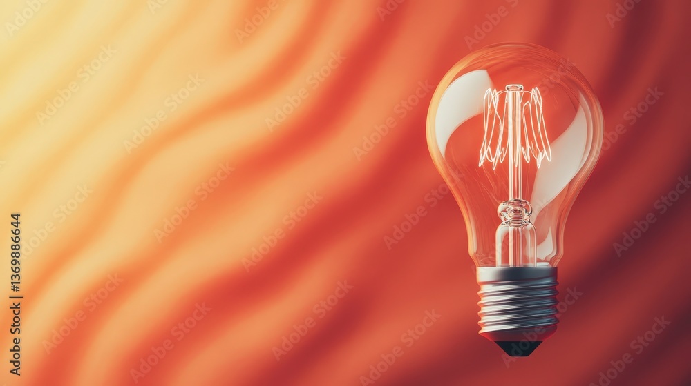 Poster dynamic 3d render of lightbulb rising with vibrant warm background and illumination effects