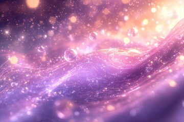 Fototapeta premium Cosmic Waves and Sparkling Water. Enchanting waves of shimmering water with sparkling bubbles rising in a dreamlike scene.