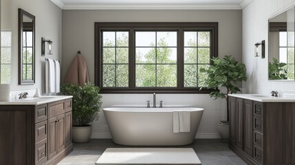 Modern Farmhouse Bathroom Interior with Garden View