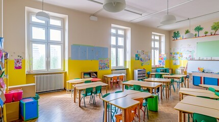 Bright and Cheerful Elementary School Classroom Ready for Learning
