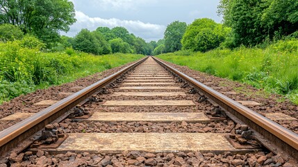 Obraz premium Receding Train Tracks Through Lush Green Summer Landscape