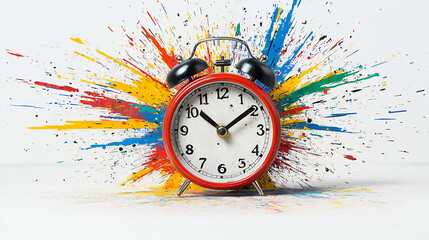 Red Alarm Clock in Vibrant Paint Explosion on White Background