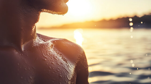 A detailed photo of a wet, glowing shoulder and collarbone under sunlight, moisture gently trailing down skin