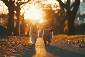 Two cats stroll together along an outdoor pathway in warm sunlight